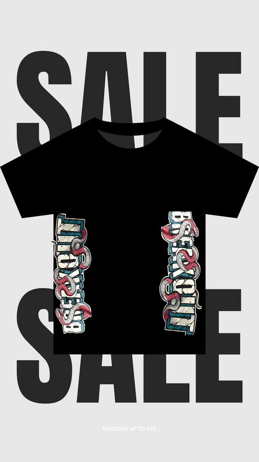 Snake Typography Printed Cotton T-Shirt – Unisex Round Neck (Black & White)