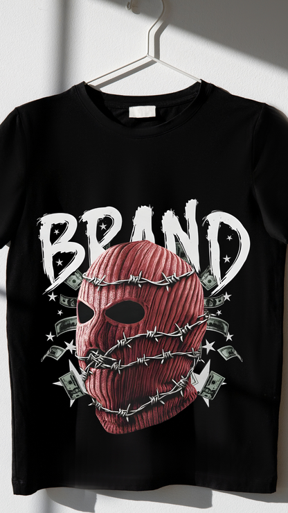 Black Graphic T-Shirt – Red Mask & Barbed Wire Design