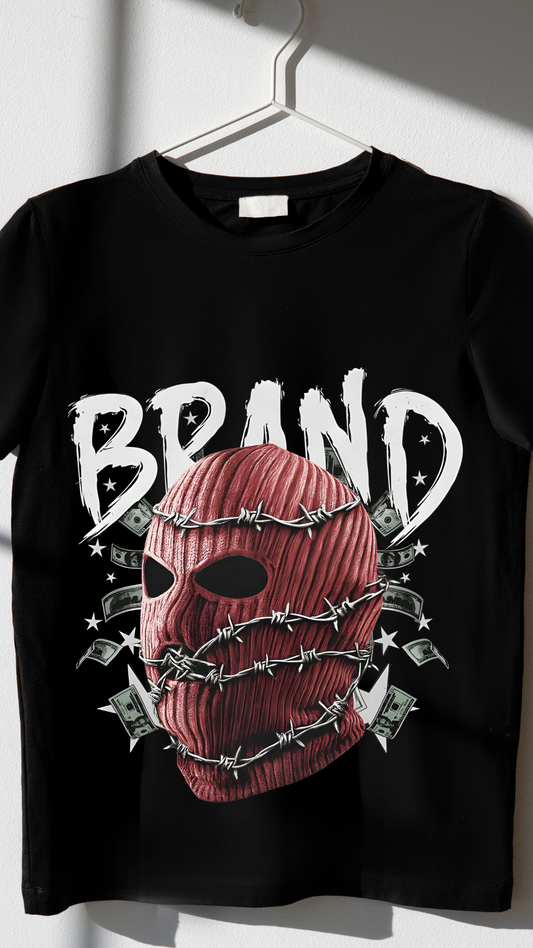 Black Graphic T-Shirt – Red Mask & Barbed Wire Design